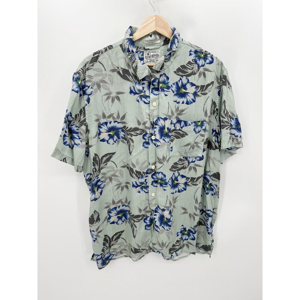 Lucky Brand Mens Hawaiian Tropical Floral Button Front Shirt XL Blue Green